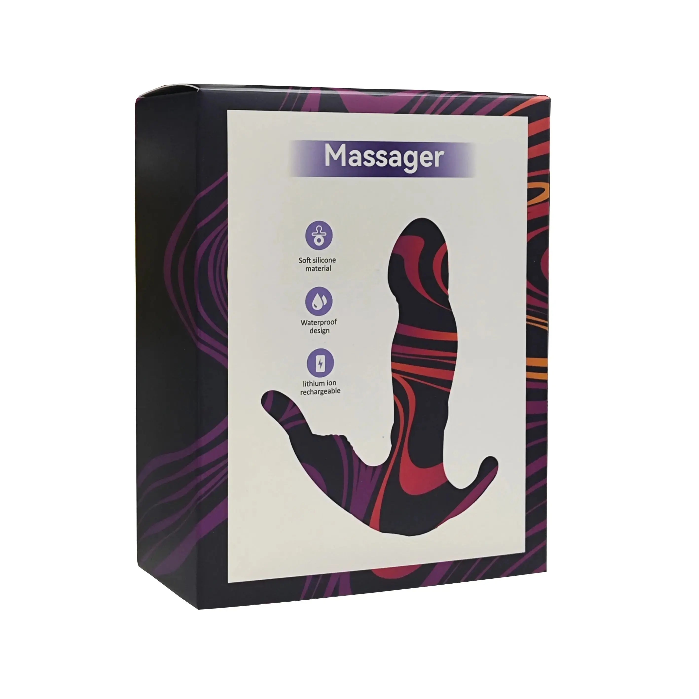 Product packaging for the AINIO Butterfly Wearable Vibrator featuring a black and red paisley design and icons for 27 vibration modes.