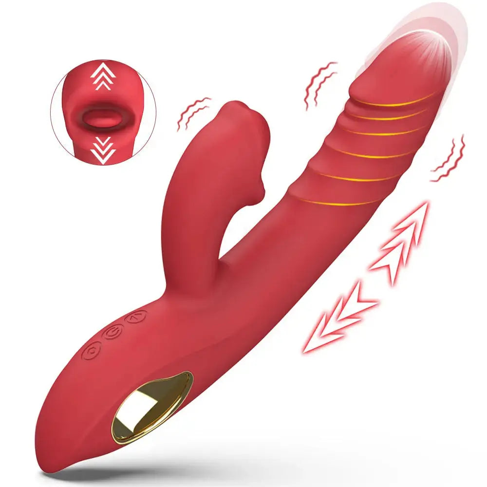 Technical diagram of the Ainio Emma Wand in red, illustrating the internal thrusting motion and external clitoral vibration waves.