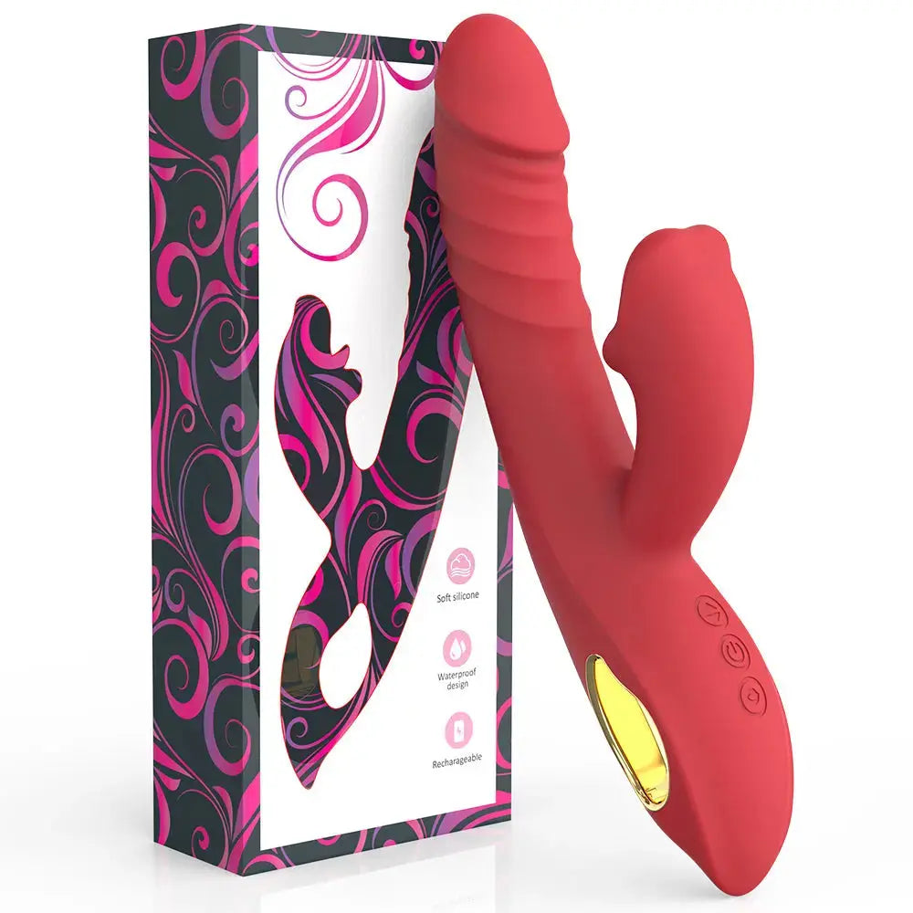 Ainio365 Emma Red Triple-Action Thrusting Wand shown next to its purple and black paisley gift box, featuring a textured G-spot stimulator and ergonomic handle.