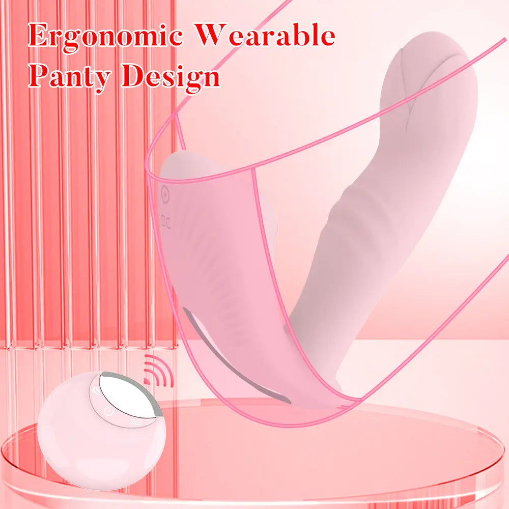 Feature diagram titled 'Ergonomic Wearable Panty Design,' showing a transparent lingerie outline with the pink massager secured inside, emphasizing its hands-free use and secure fit.