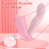 Feature diagram titled 'Ergonomic Wearable Panty Design,' showing a transparent lingerie outline with the pink massager secured inside, emphasizing its hands-free use and secure fit.