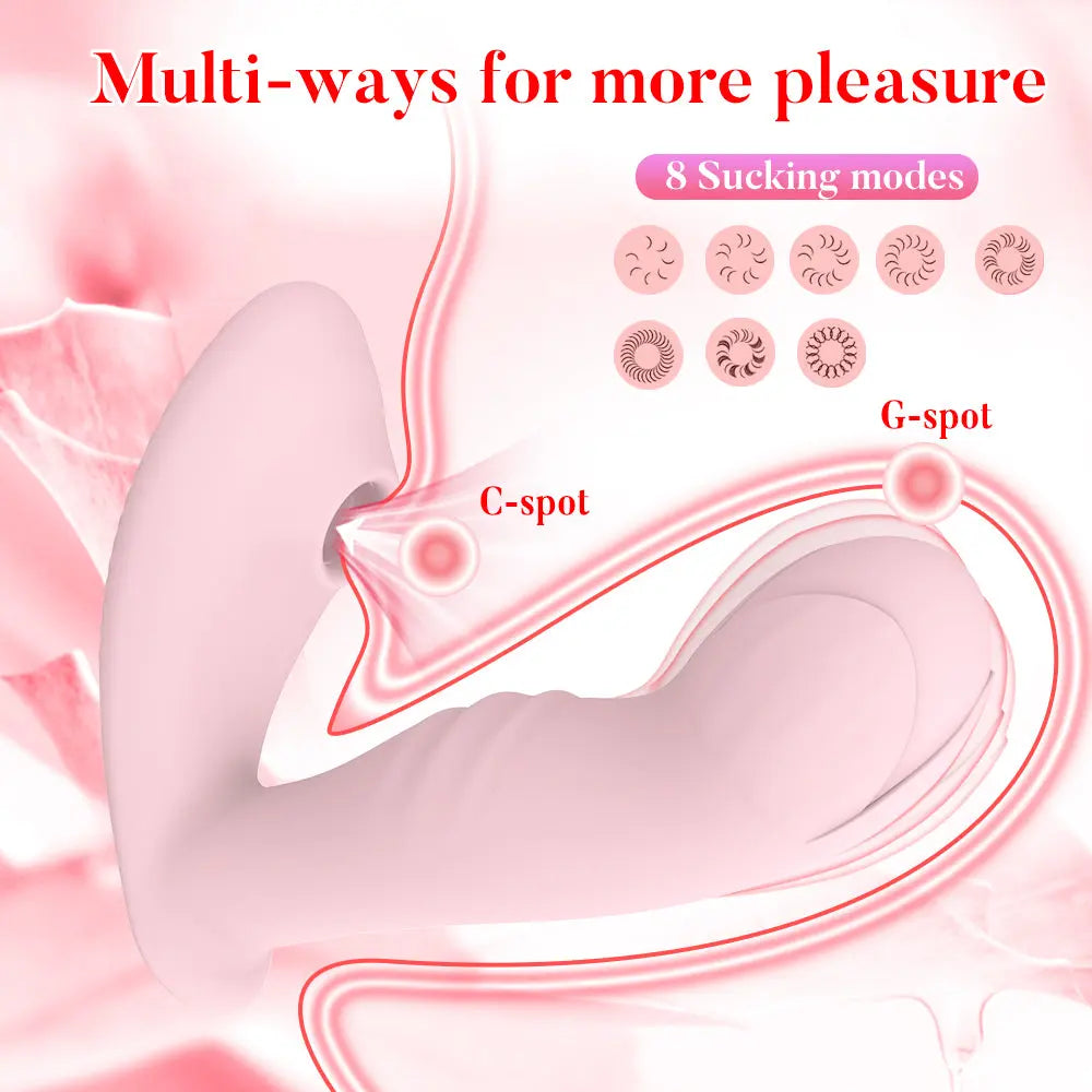 Technical diagram titled 'Multi-ways for more pleasure,' illustrating how the Ainio Wearable Massager provides targeted internal, g-spot, and clitoral air-pulse stimulation in a transparent body outline.