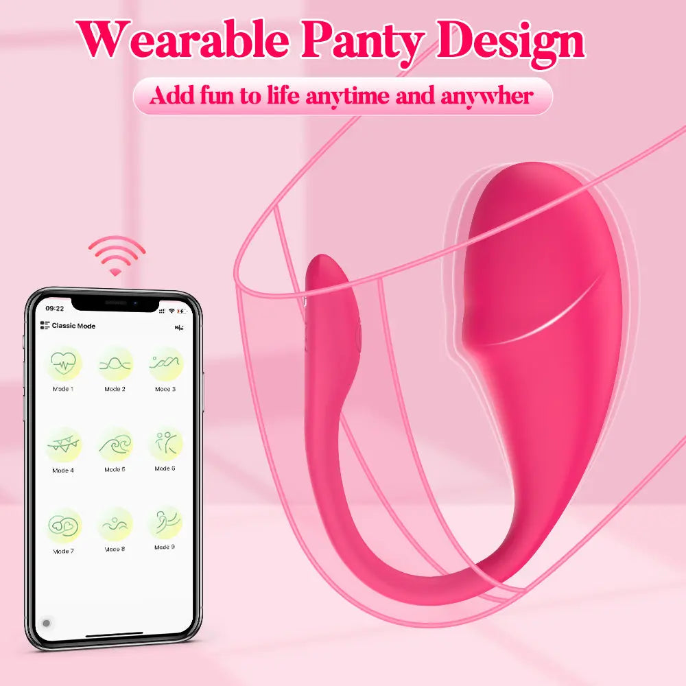 Wearable panty design for comfortable wearing. Features a transparent lingerie outline with the pink vibrator seeded inside, alongside the app interface for control.