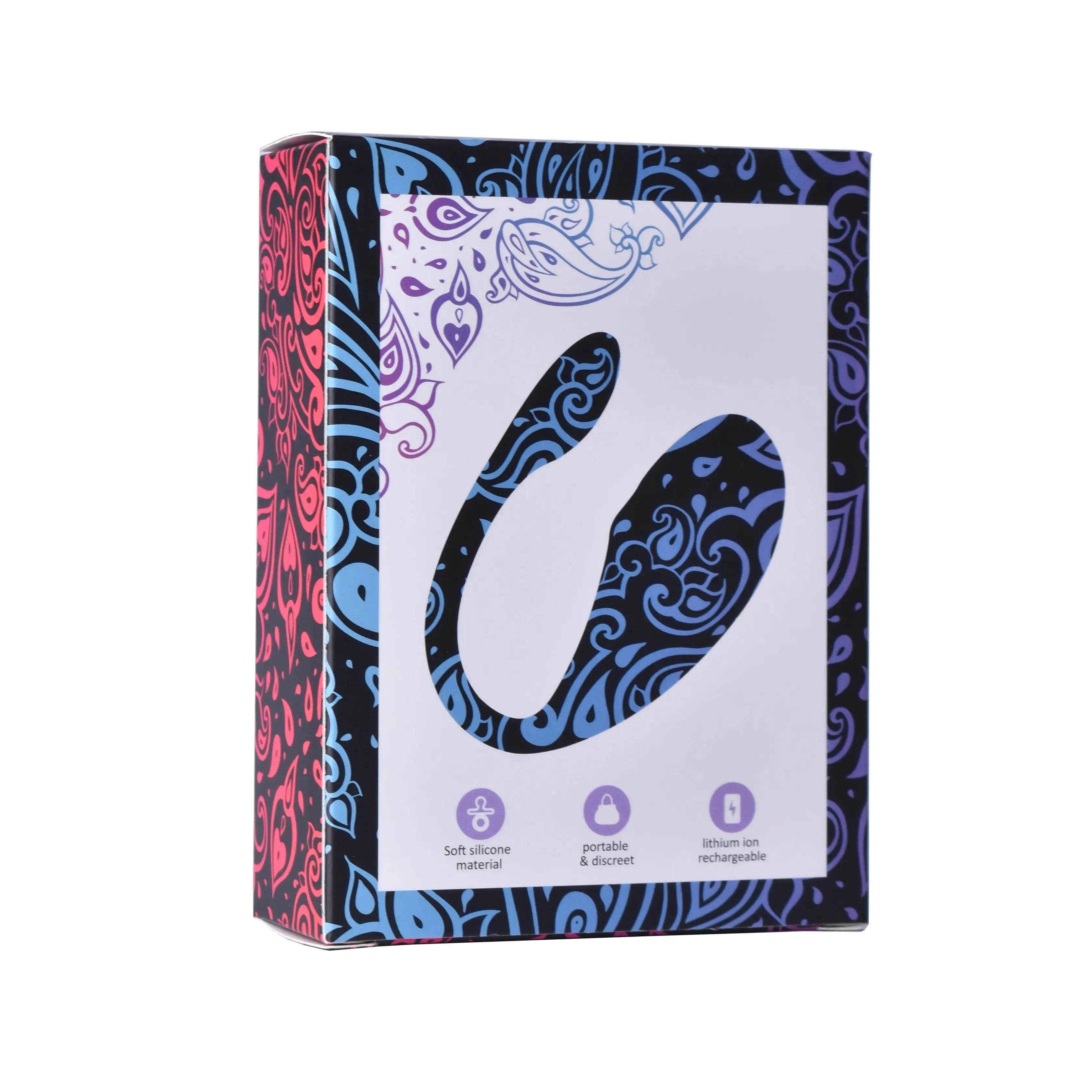 Packaging box for Ainio365 pink wearable panty vibrator, featuring purple paisley designs and icons for medical-grade silicone, waterproof rating, and rechargeable power.
