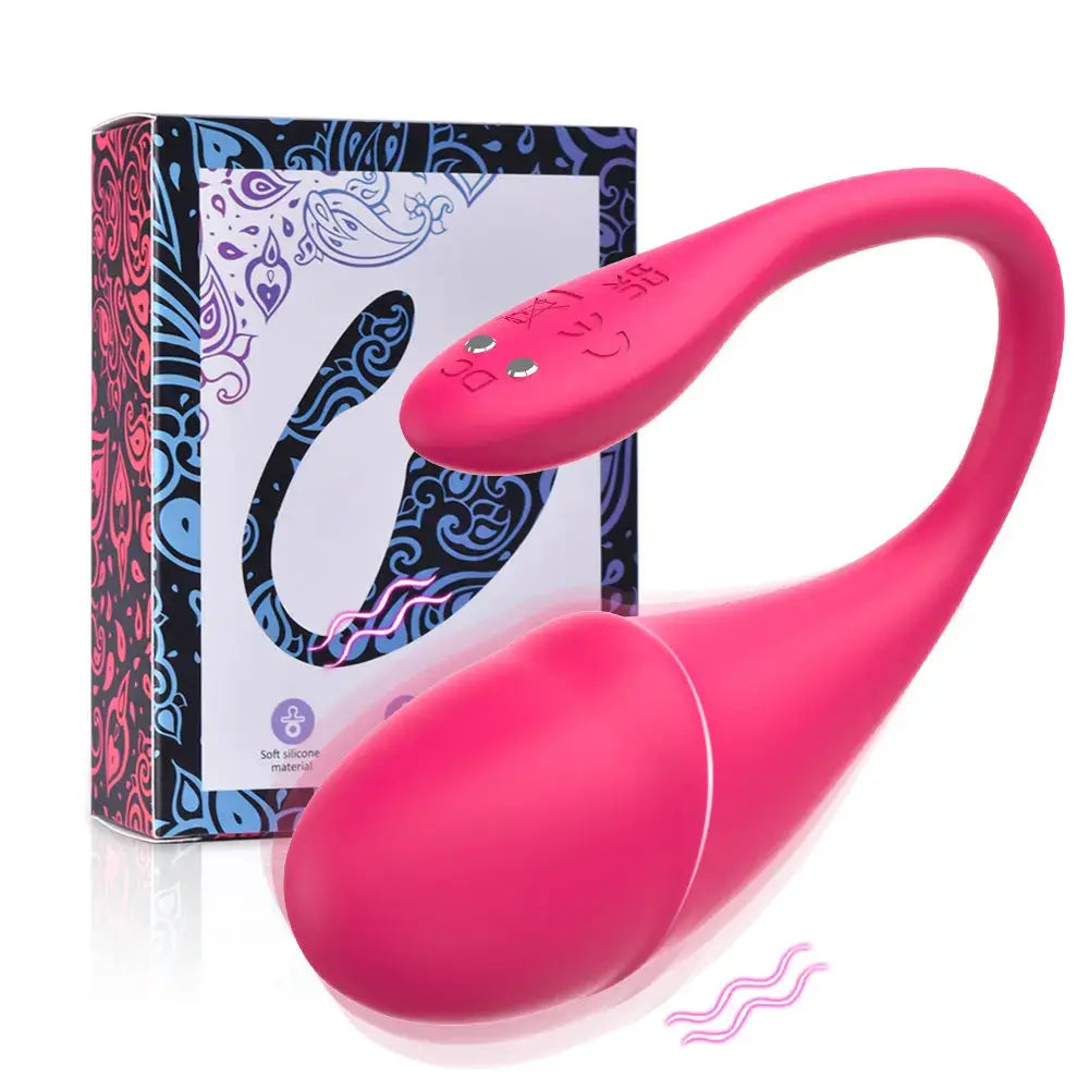 Product set showcasing the bright pink Ainio365 wearable panty vibrator outside of its detailed purple and black patterned storage box, illustrating the shape and material.