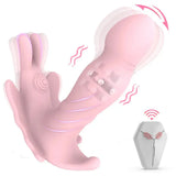 The pink AINIO Butterfly Wearable Vibrator showing the internal stimulator and outer wings alongside its sleek grey wireless remote control.
