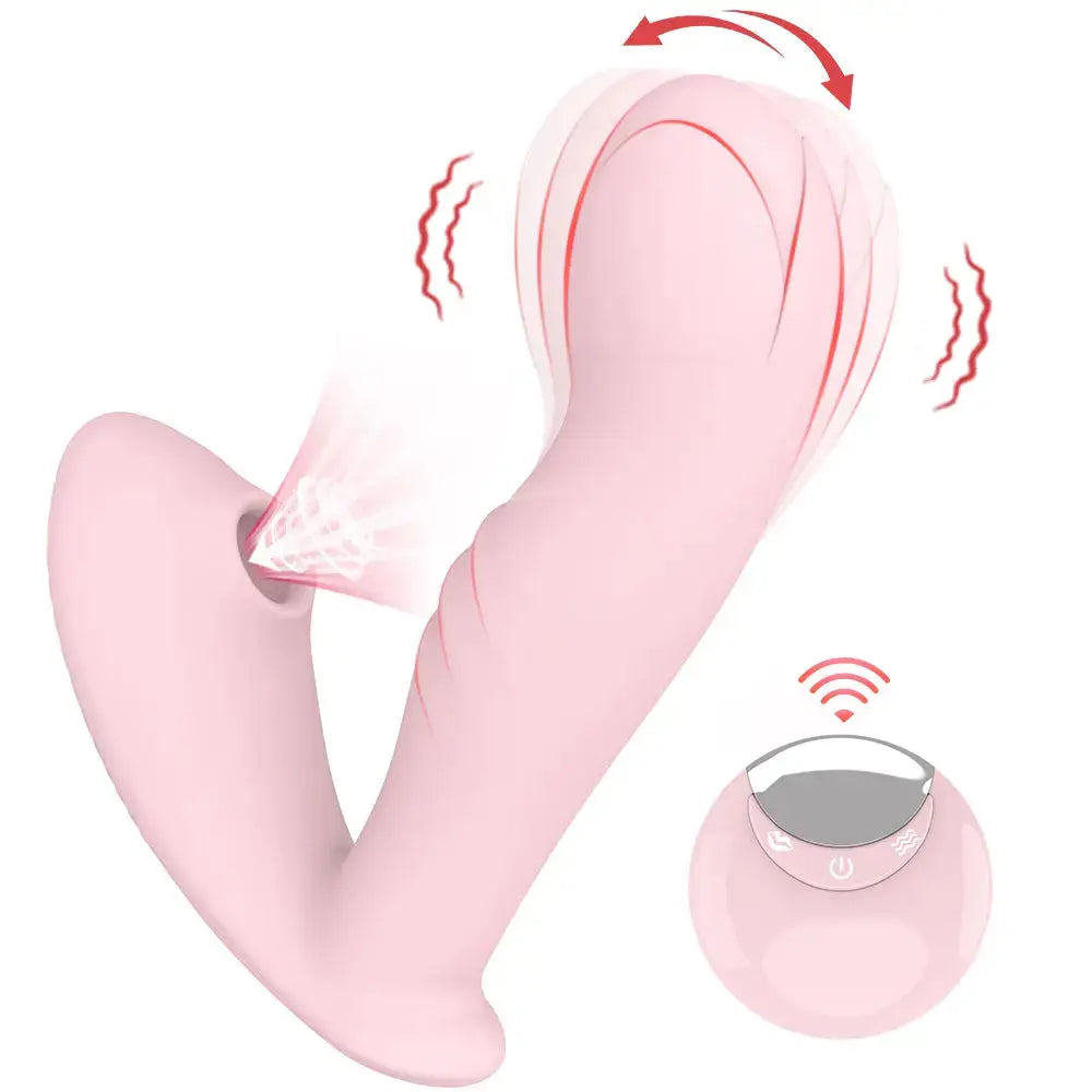 Close-up of the light pink Ainio Wearable Suction Vibrator showing the clitoral suction nozzle and internal vibration waves, accompanied by its compact pink remote control.