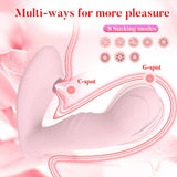 Technical diagram titled 'Multi-ways for more pleasure,' illustrating how the Ainio Wearable Massager provides targeted internal, g-spot, and clitoral air-pulse stimulation in a transparent body outline.