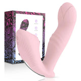Ainio365 Pink Wearable Suction Vibrator Massager shown next to its purple and black paisley gift box, featuring a curved ergonomic design for dual stimulation.